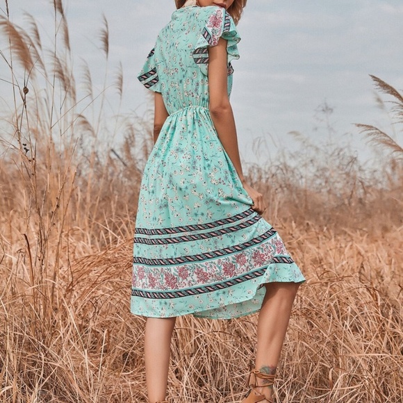 Boho Mint V Neck Button Ruffle Short Sleeve Dress - Picture 4 of 5